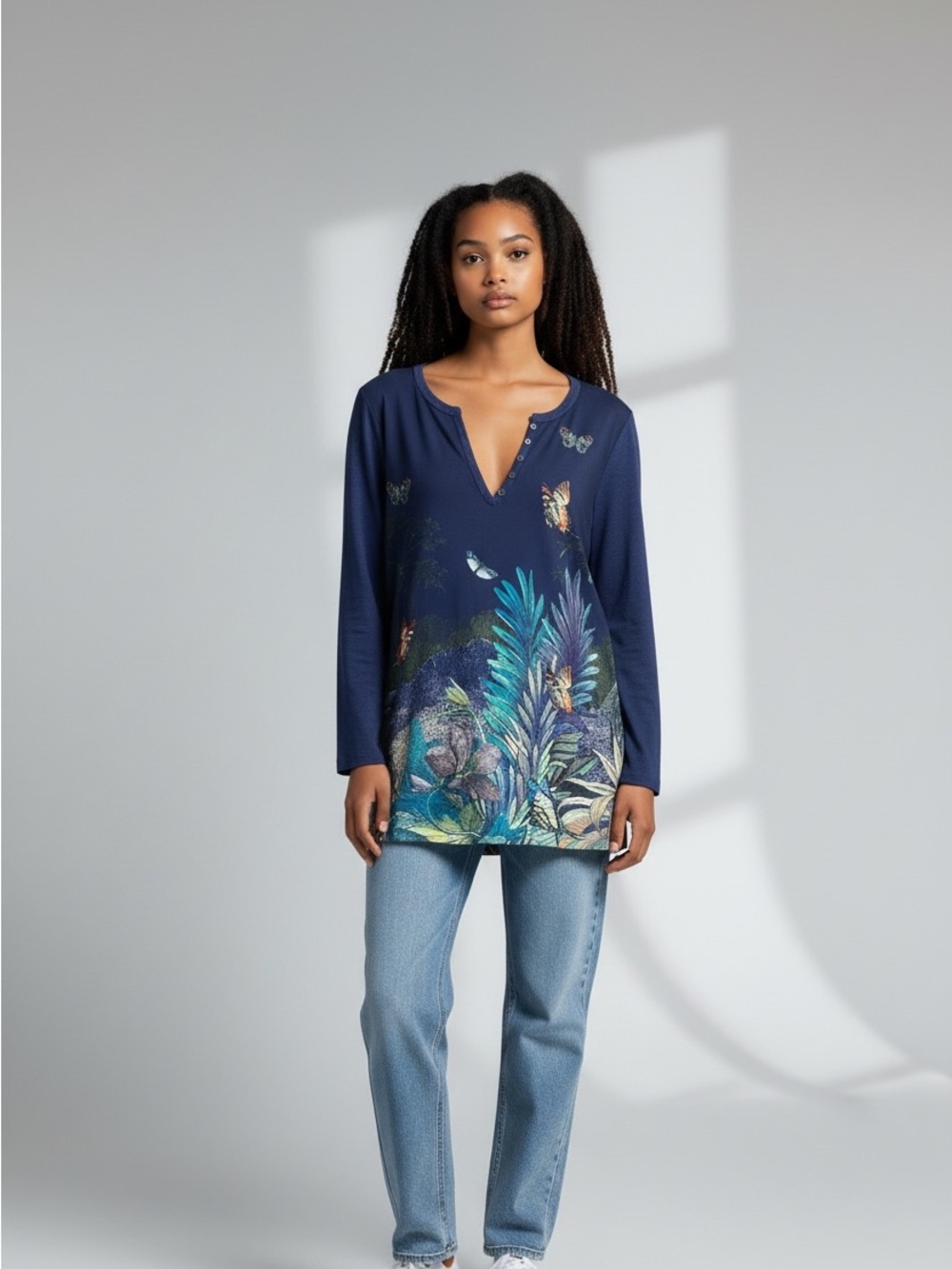 V-Neck Navy Botanical & Butterfly Print Tunic
